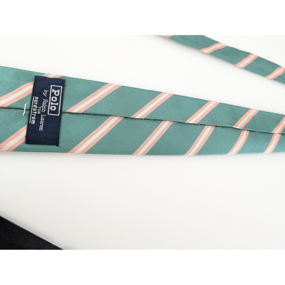 Polo Ralph Lauren Silk Hand Made Striped Men Neck Tie Teal Green Pink USA Narrow - Picture 6 of 9